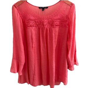 Zach & Rachel Embroidered Woman Crochet Lace Boho Blouse Coral 1X Flounce Sleeve